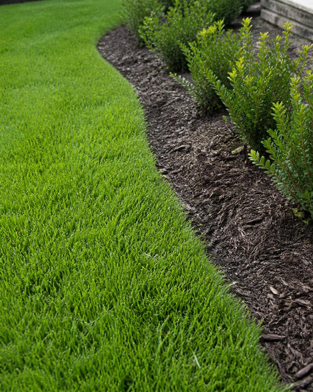 Freshly mowed grass along a clean mulch bed edge