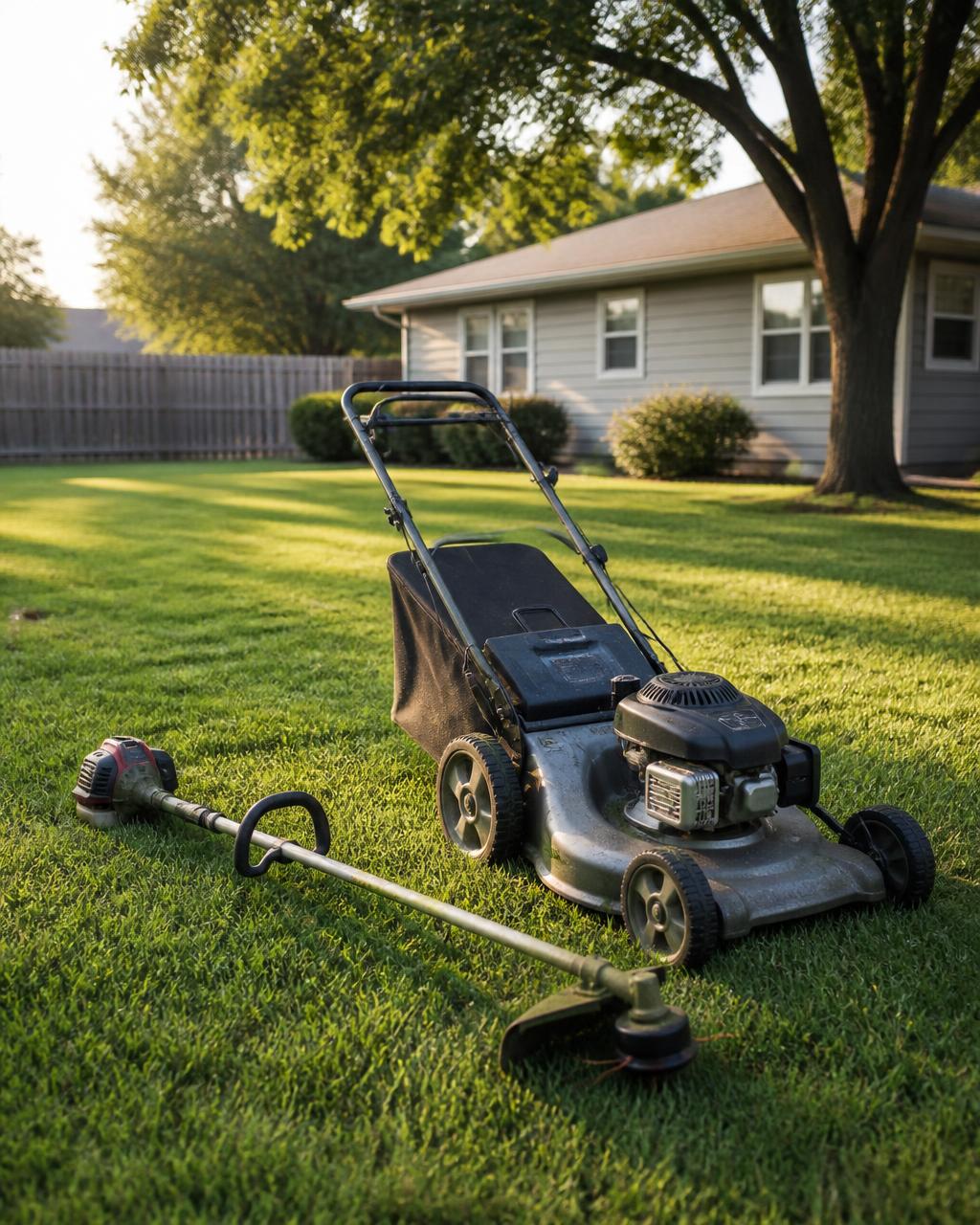A push mower and string trimmer on a freshly cut residential lawn